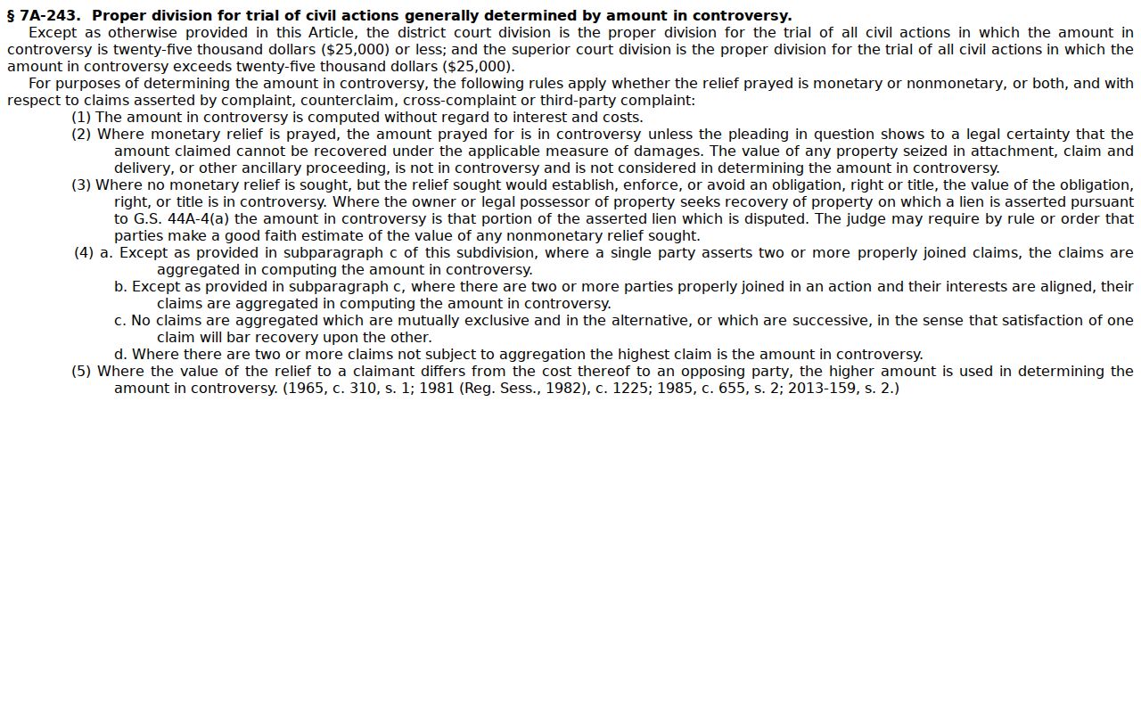 Dare County civil docket resource showing G.S. 7A-243 court-division threshold