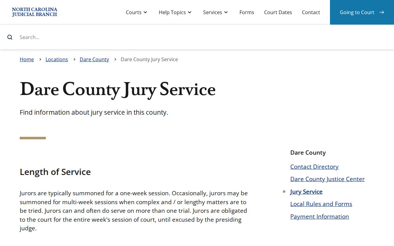 Dare County court dates resource showing Dare jury service information