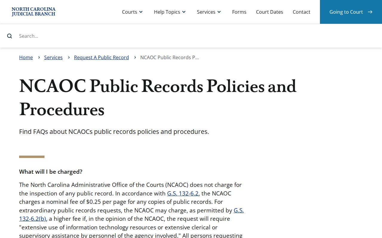 Dare County court record search resource showing NCAOC public-records policies